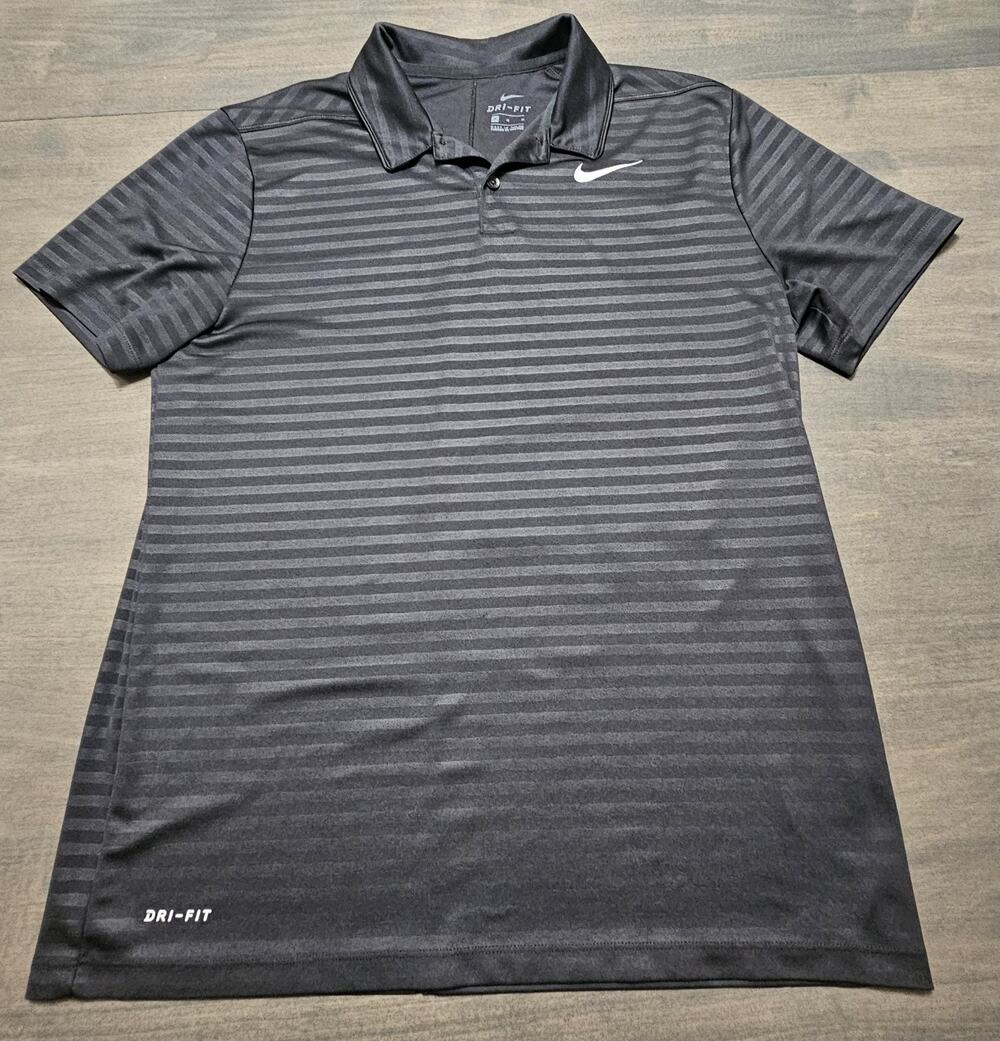 Nike Dri-Fit Men's Size Medium Black Striped Polo Golf Shirt SS Button Collared